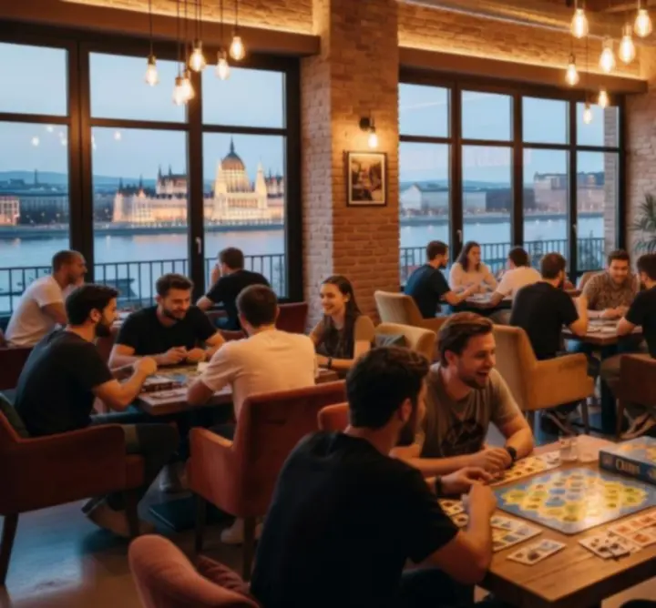 Modern társasági tér emberekkel, akik közösen játszanak